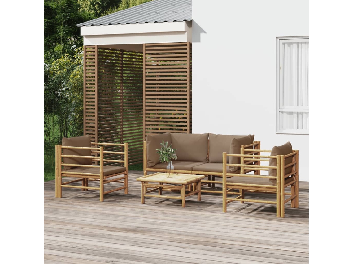 Conjunto de jardín de bambú de 5 piezas con cojines en gris parduzco de DKD Home Decor