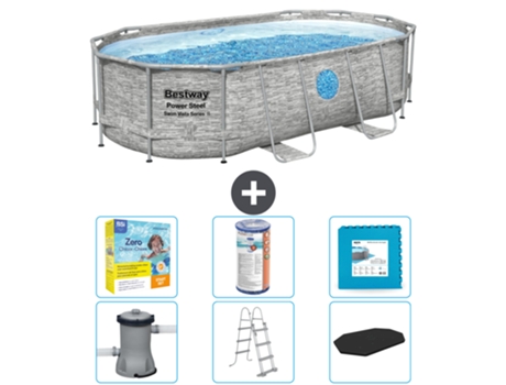 Piscina BESTWAY Oval Power Steel Swim Vista - Estampado Piedra - 427 x 250 x 100 - Incluye Bomba - Escalera - Cobertor Accesorios CB34