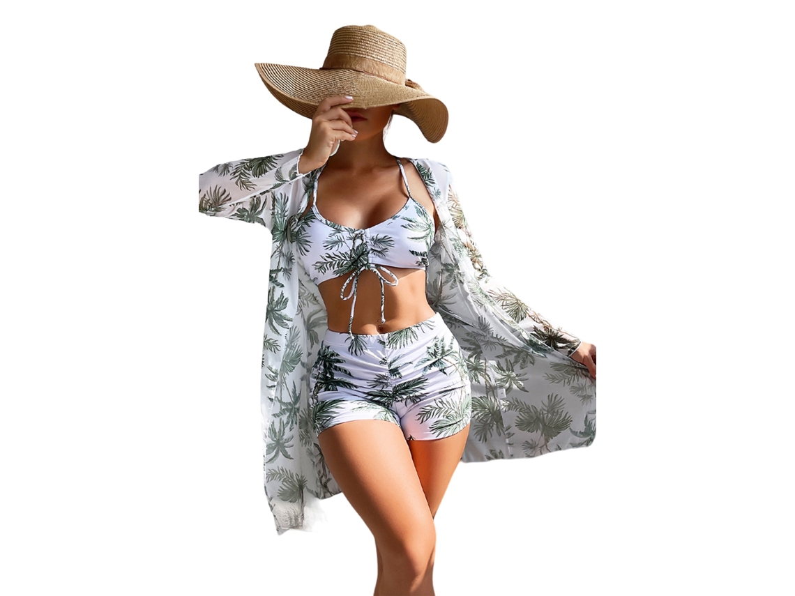 Traje de baño de 3 piezas para mujer, color blanco, talla L, modelo cómodo y elegante para verano, con sujetador tipo bustier, braguita con volantes y pareo playero.