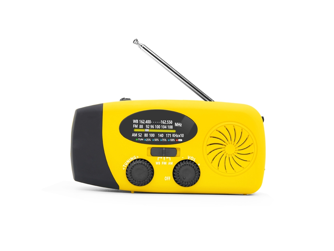 Radio de emergencia portátil Yuysan YY 071p FM/AM, recargable por energía solar, dinamo de manivela, linterna LED, 2000 mAh, alarma SOS amarilla