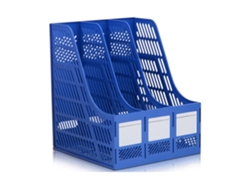 Organizador De Escritorio Azul De Plástico Con 3 Compartimentos Para Archivos Y Revistas En La Oficina.