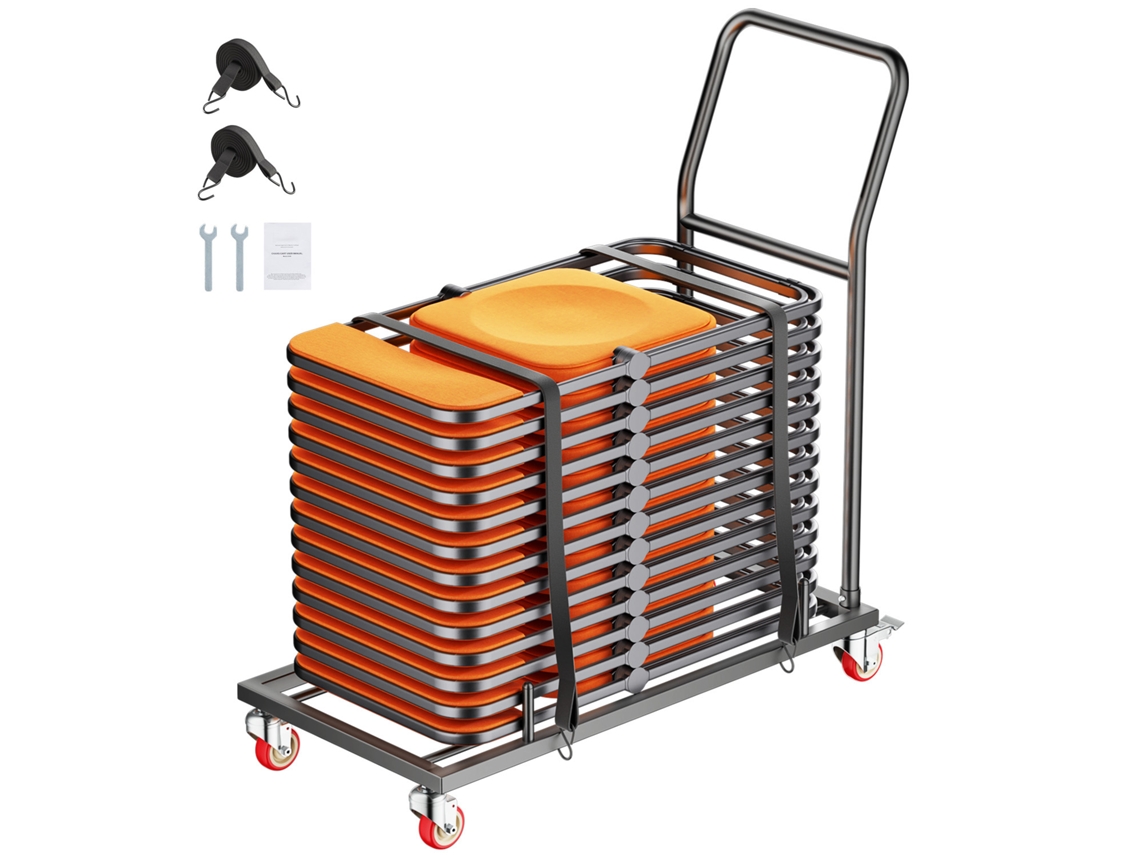 Carrito plegable para sillas Succebuy de 136 kg, diseño en L para 25 sillas, almacenamiento horizontal, material duradero.
