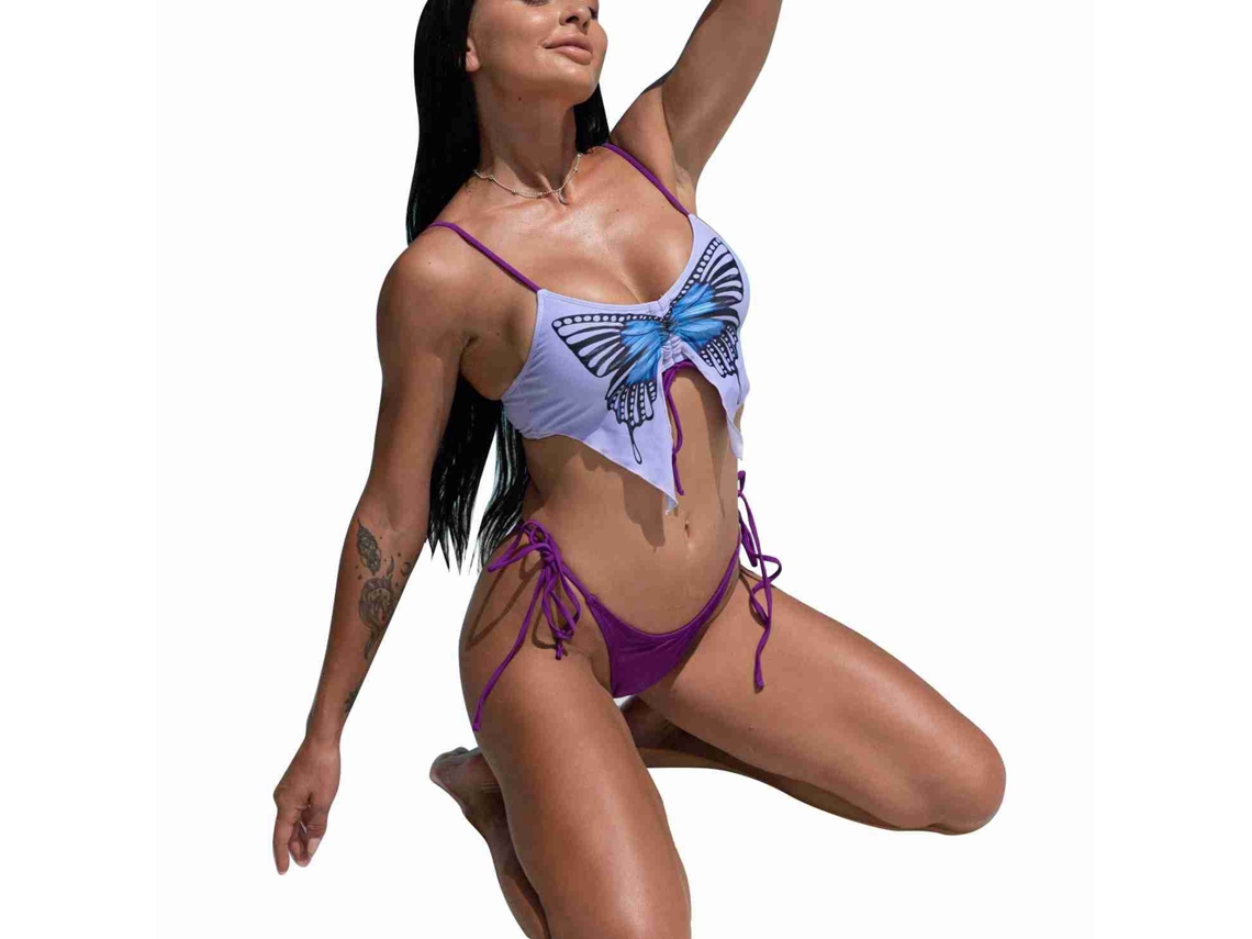 Traje de baño de dos piezas con estampado de mariposas, corte alto, morado, talla M