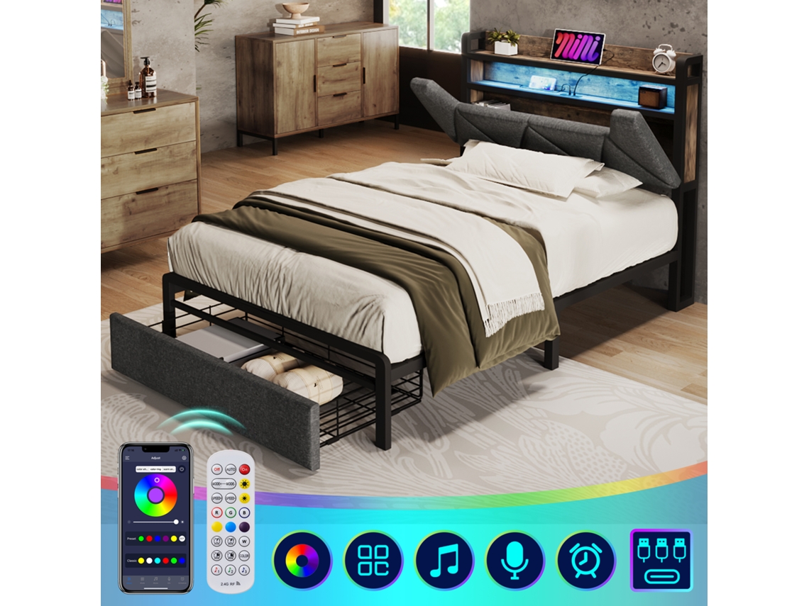 Cama Individual De 90x200 Cm Con Iluminación Led, Cajones Usb, Madera Beige Y Colchón.