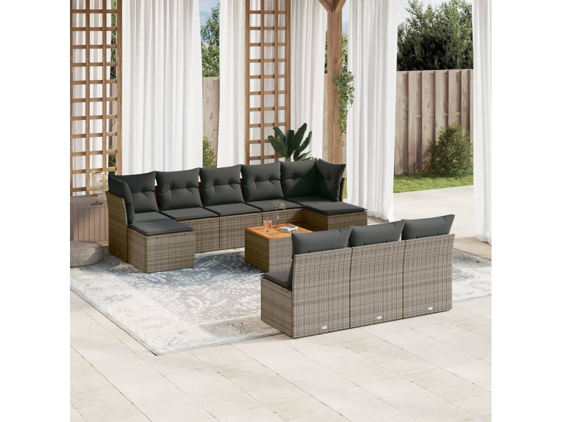 Conjunto de sofá de jardín de 11 piezas con cojines, ratán gris, DKD Home Decor