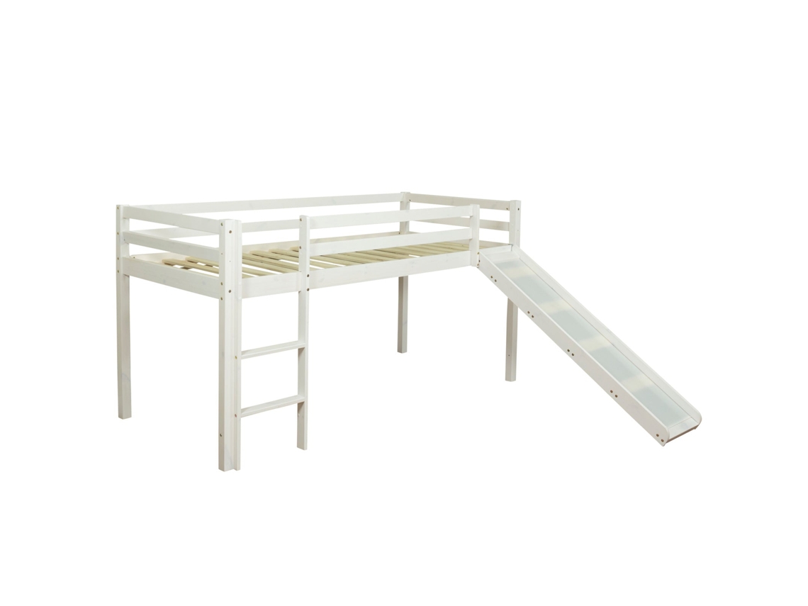 Cama Alta De 90x200cm Con Escalera Y Tobogán En Madera Lacada En Blanco Lit06200