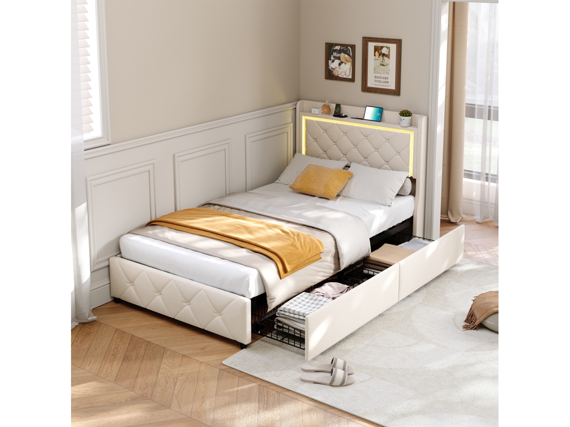 Cama Individual Tapizada De 90 X 200 Cm Con Led, Carga Usb Tipo C Y 2 Cajones, Terciopelo Beige.
