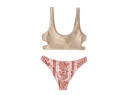 Traje de baño bikini beige con bonito estampado y tirantes anchos, talla L