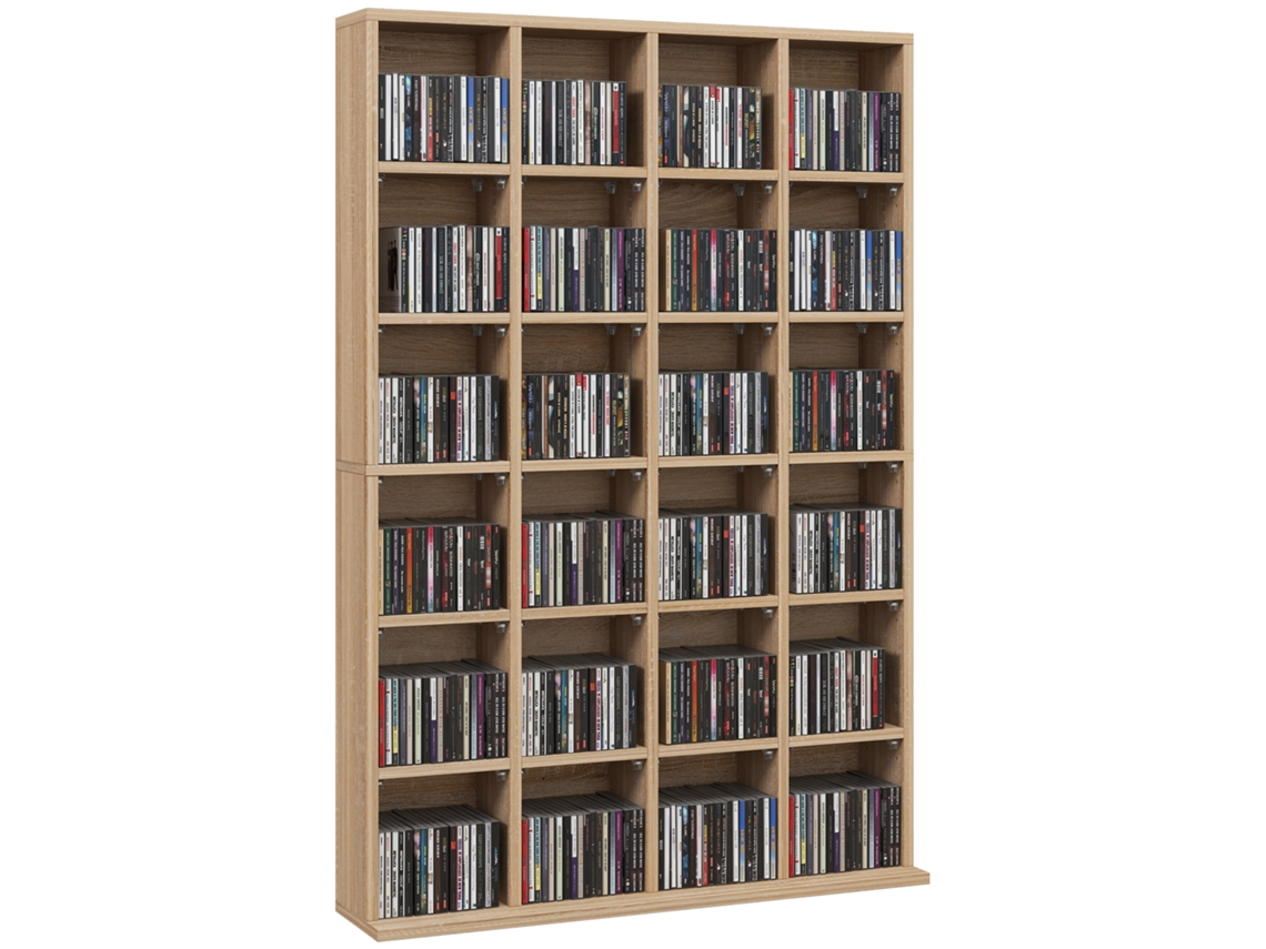 Mueble de almacenamiento multimedia para 456 CD/336 DVD - Estante de madera con baldas ajustables, 89 x 130,5 cm, madera natural.