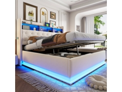 Cama Doble De 180x200 Cm, Color Beige, Lino, Led, Usb-c, Hidráulica.
