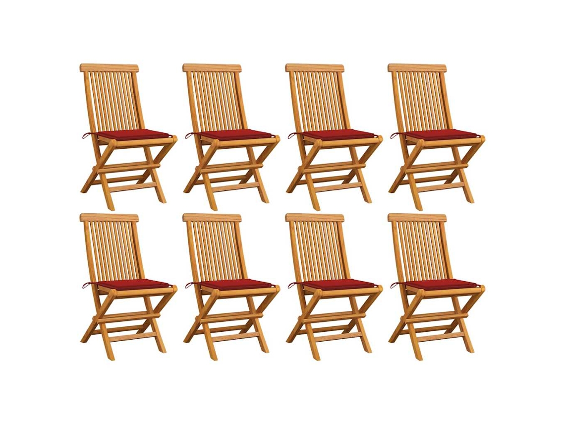Sillas de jardín DKD Home Decor de 8 piezas con cojines rojos, teca maciza
