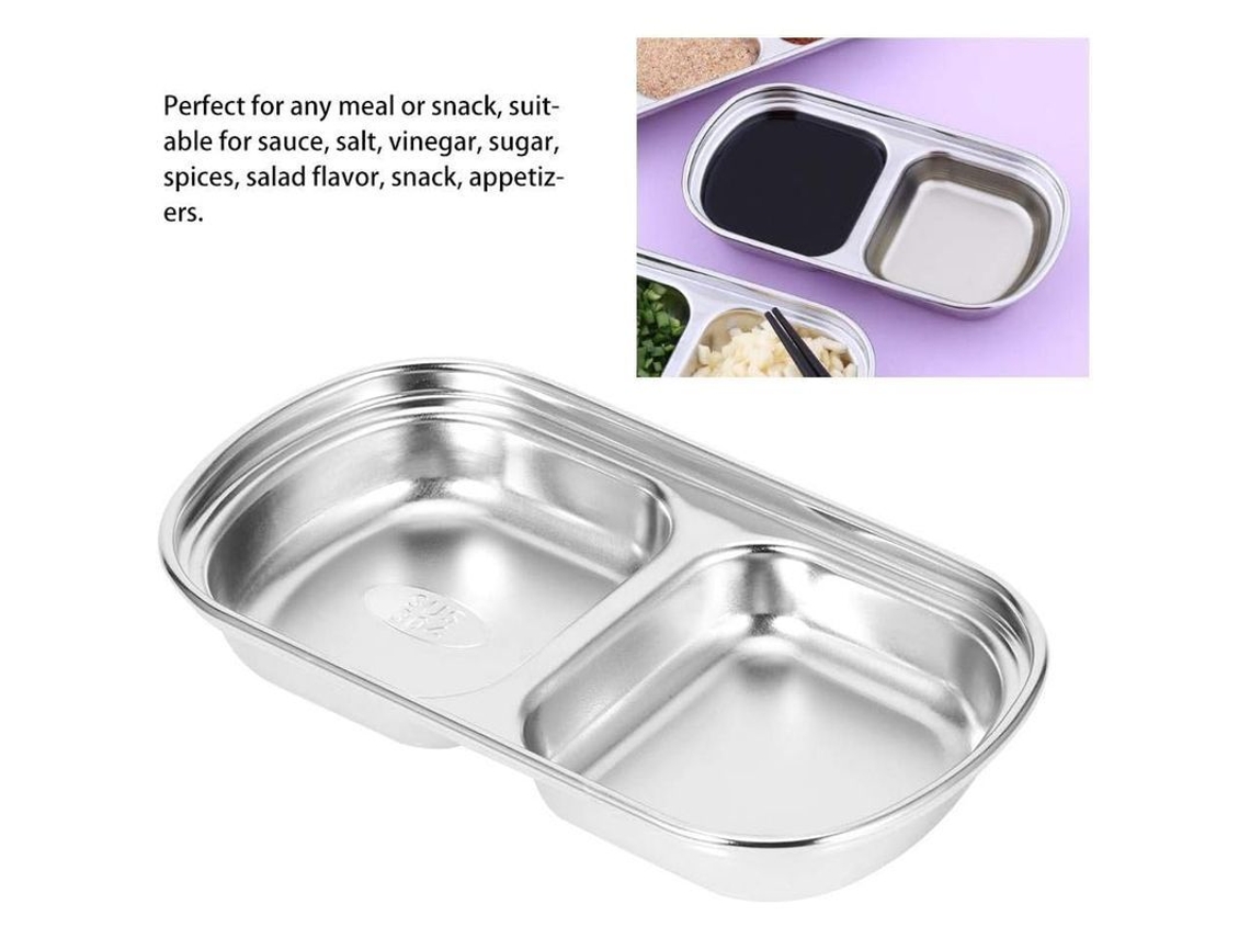 Platos Rebe-2 de acero inoxidable plateado, 2 compartimentos, para salsas, condimentos, aperitivos, aptos para lavavajillas, utensilios de cocina