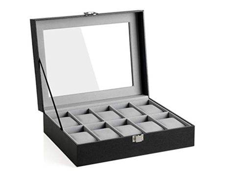 Elegante caja para relojes de 10 ranuras con tapa de cristal y cojines PRICENET