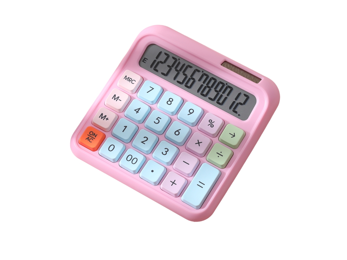 Calculadora de Mesa 12 Dígitos com Teclas Grandes e Display LCD Solar e Bateria Rosa