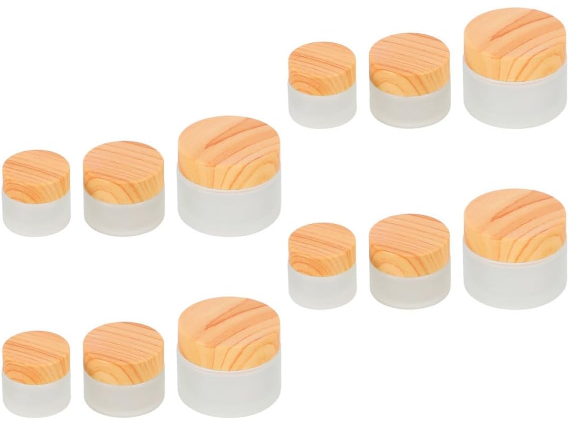 Ciieeo Com 12 Potes Cosméticos De Vidro Fosco Com Tampas Com Efeito Madeira, Capacidades De 5g, 10g E 30g.