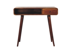 Escritorio curvo de madera maciza de castaño, 1 cajón y 1 estante, muebles artesanales marrón oscuro