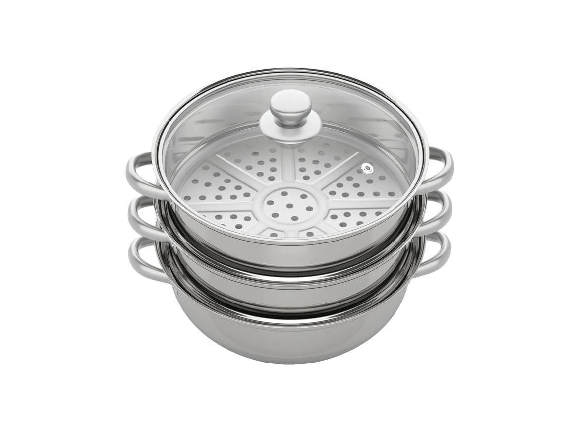 Olla vaporera, diseño compacto, compatible con placas de inducción/gas, color plata.