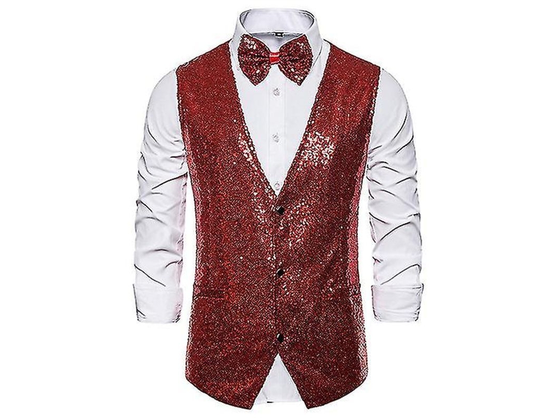 2026-chaleco De Lentejuelas Para Hombre Con Corbata De Moño Traje Brillo Cuello V Fiesta Disco