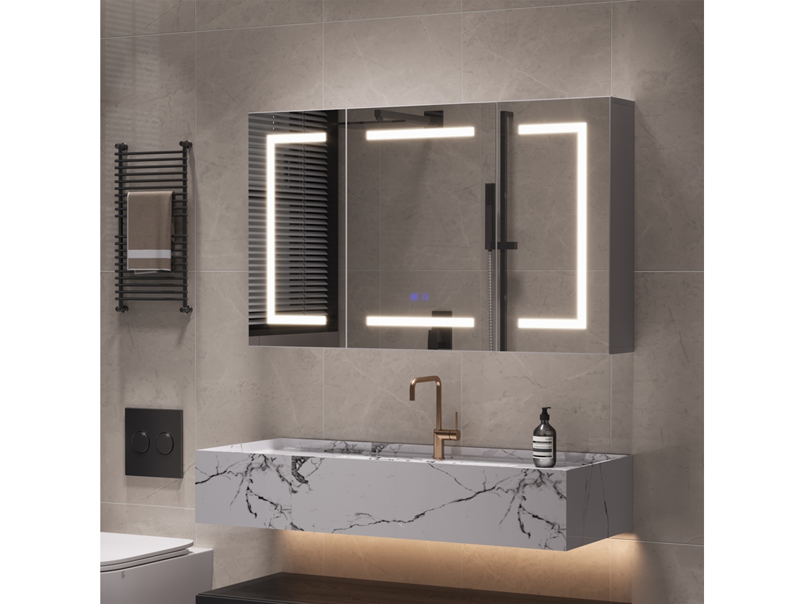 Mueble De Baño Con Iluminación Led Táctil De 3 Colores, Estantes Ajustables Y Espejo, Enchufe Europeo, Blanco, 60 X 100 X 13,5 Cm