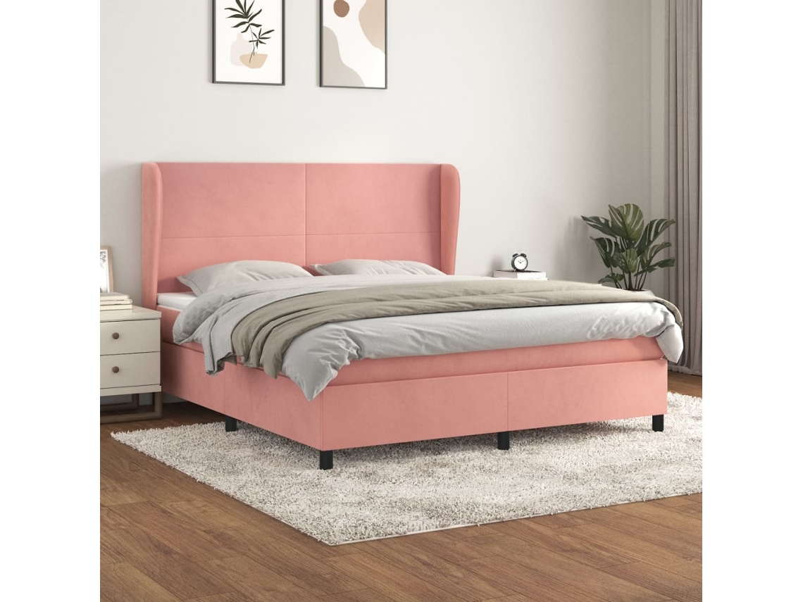 Cama Box Spring Con Colchón Terciopelo Rosa 160x200 Cm