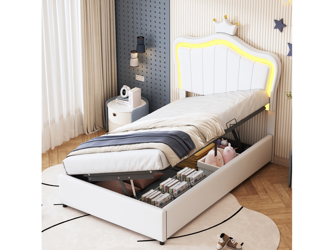 Cama con arcón en símil piel 90x200 cm con LED y somier de láminas blancas