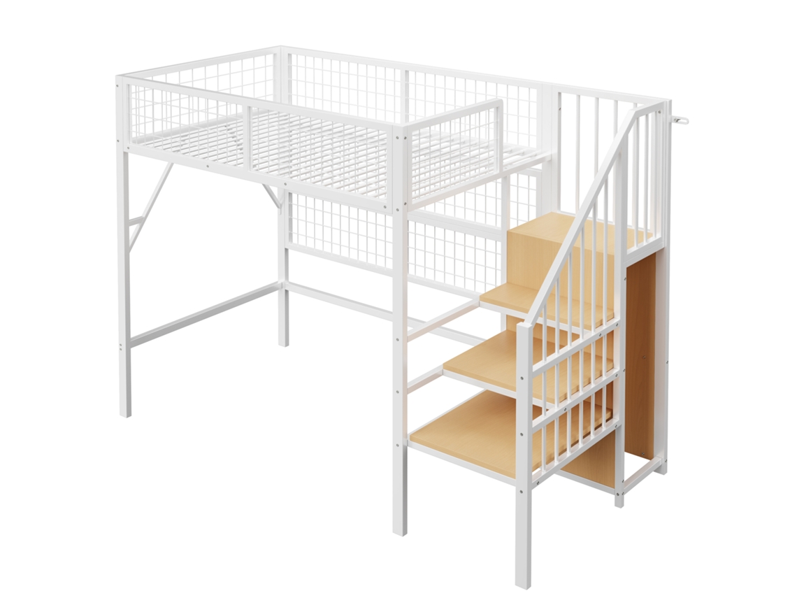 Cama Alta Metálica De 255x95cm Con Escalera Y Almacenamiento, Iluminación Led Negra.