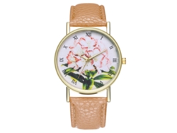 Reloj De Pulsera De Cuero Con Patrón De Plantas Moda Cuarzo Unisex (beige)