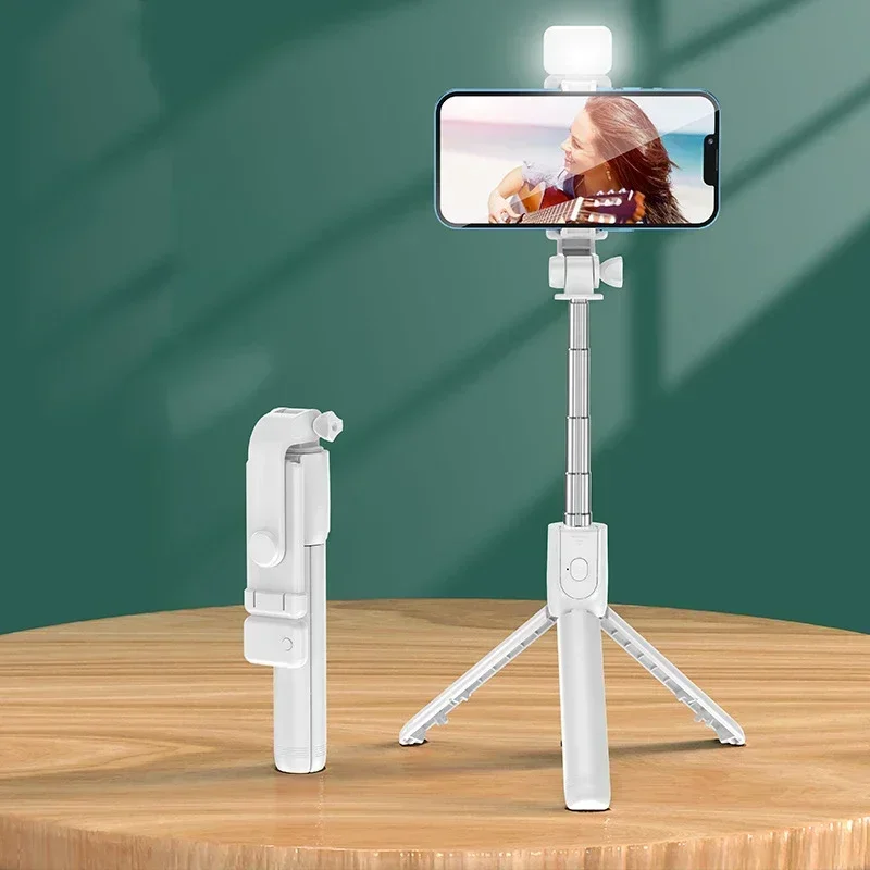 Trípode portátil (blanco, con luz) con control remoto Bluetooth, 700 mm, fabricado en plástico.