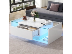 Mesa De Centro De 100x50x31cm, 1 Cajón, Led, Cristal Blanco