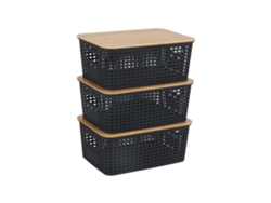 Relaxdays, Set De 3 Cajas Organizadoras Con Tapa, Plástico Y Bambú, Asas, Hbt: 10,5x25,5x18 Cm, Negro