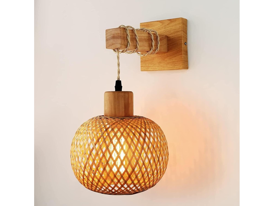 Luminária De Parede Em Madeira E Metal — Design Retrô Em Gaiola (soquete E27) Com Cúpula Em Rattan, Máx. 60w (lâmpada Não Incluída)