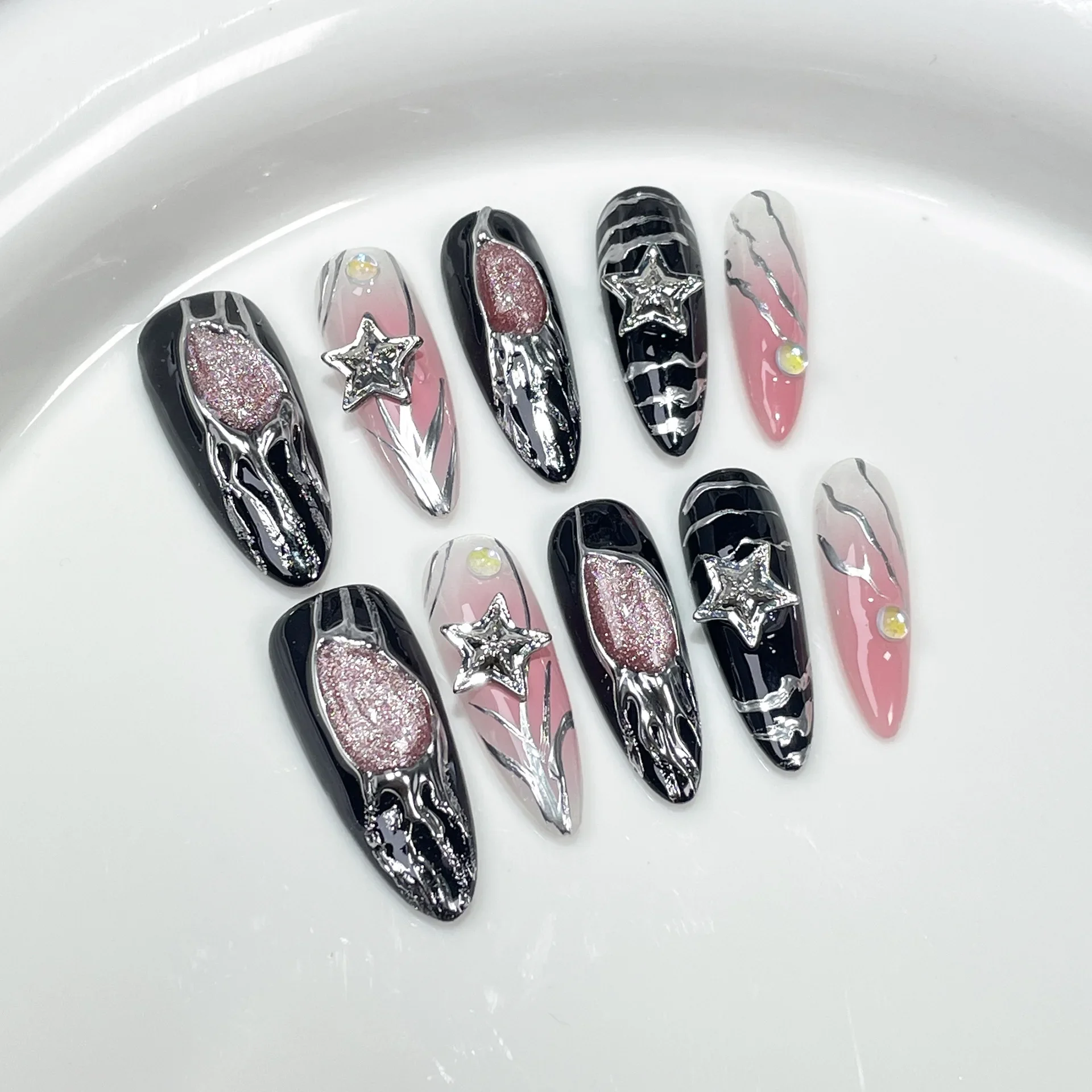 (330-m) 10 Uñas Postizas Negras Brillantes Hechas A Mano Con Diamantes De Imitación En Forma De Estrella