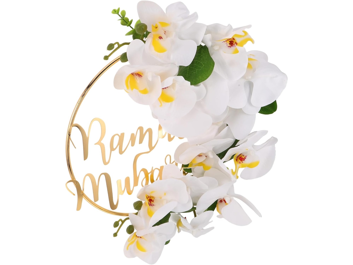 Corona Decorativa Para La Puerta Principal Para Ramadán Y Eid Mubarak, En Tela De Seda Blanca Y Hierro, Decoración