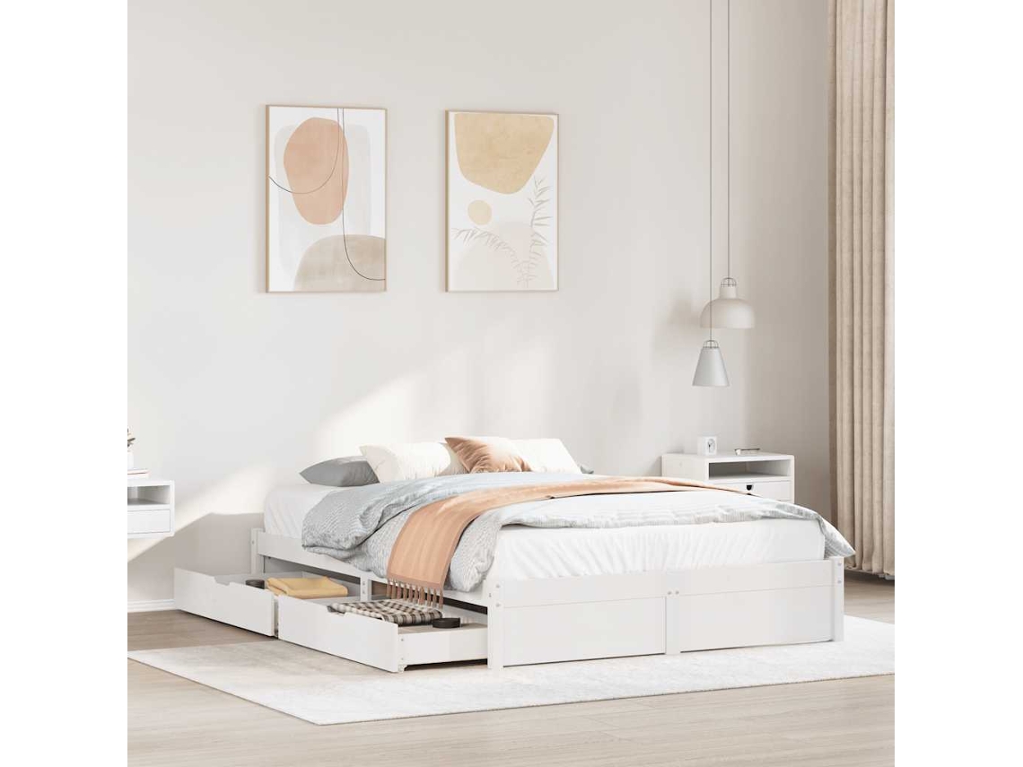 Cama De Matrimonio | Cama Para Adultos | Estructura De Cama Sin Colchón Madera De Pino Blanca 150x200 Cm