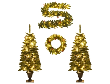 vidaXL Árboles de Navidad artificiales 2 uds corona, guirnalda y LED