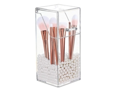 Organizador Cuadrado Transparente Para Brochas De Maquillaje Con Tapa Y Perlas.