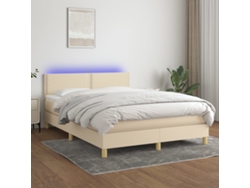 Cama Box Spring Colchón Y Luces Led Tela Crema 140x190 Cm