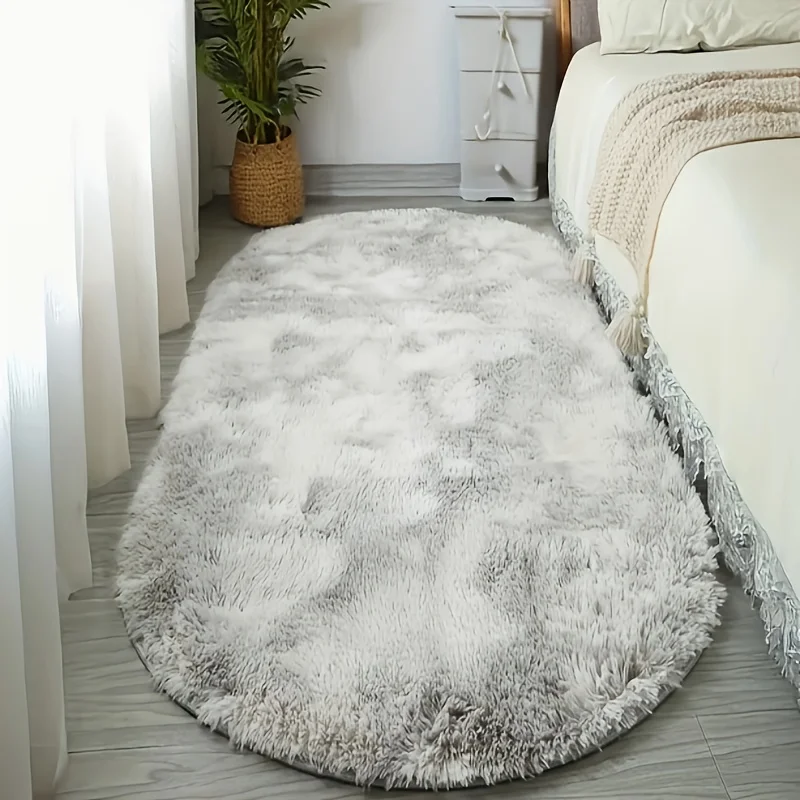 (gris Claro, 60x120cm) Alfombra De Noche De Pelo Largo, Ovalada, Teñida, Esponjosa Y Suave.