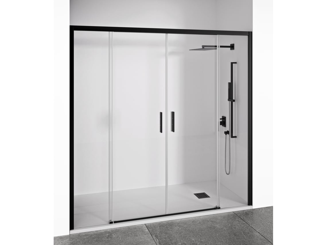 Puerta de ducha corredera frontal, 2 paneles correderos, 2 paneles fijos, cristal antical de 6 mm, negro mate, ancho 190 a 195 cm, alto 195 cm, Bellobath