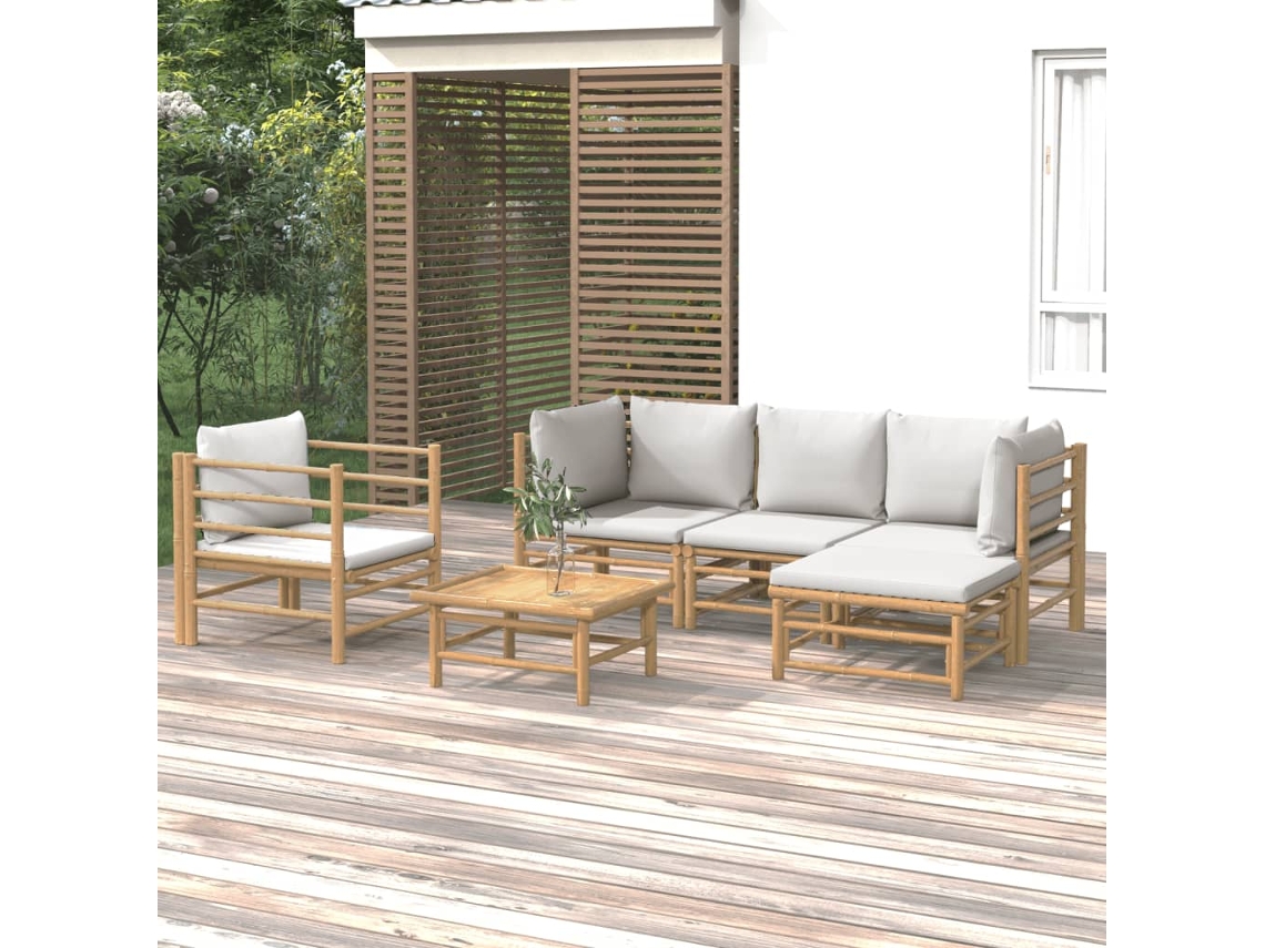 Conjunto de jardín de bambú de 6 piezas con cojines gris claro DKD Home Decor