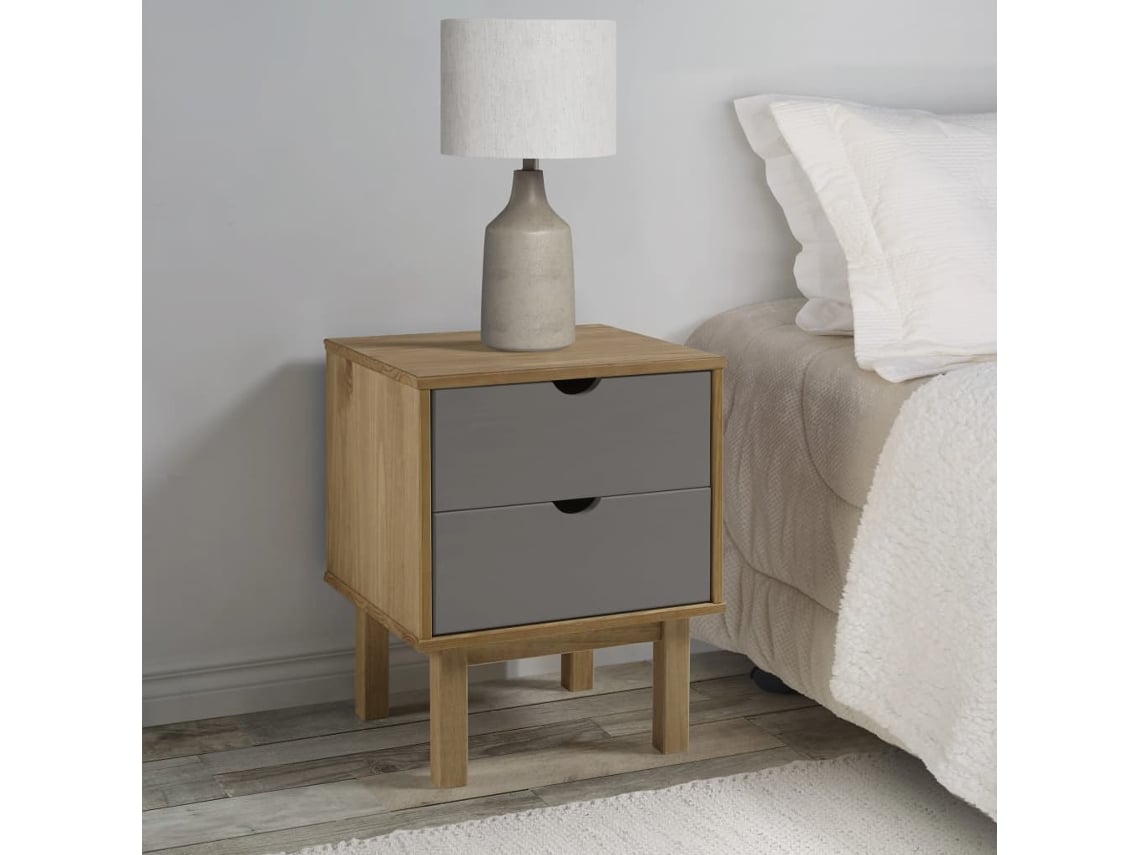 Mesita de Noche Otta 46X39,5X57Cm Pino Macizo Marrón/Gris