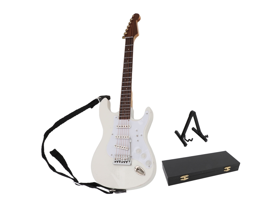 Guitarra Eléctrica De Madera En Miniatura, Modelo De 24 Cm, Con Soporte Y Caja Decorativa Blanca.