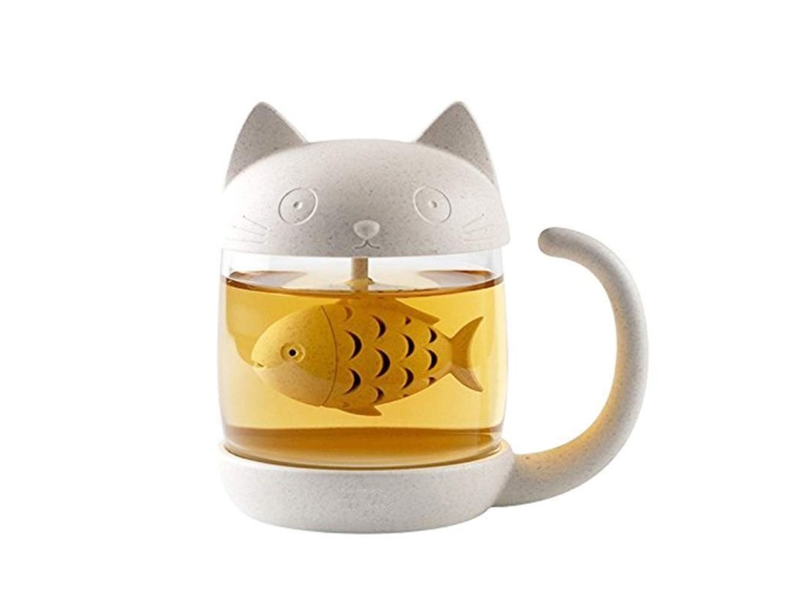 Taza De Cristal Con Un Bonito Diseño De Gato Y Un Infusor De Té Con Forma De Pez.