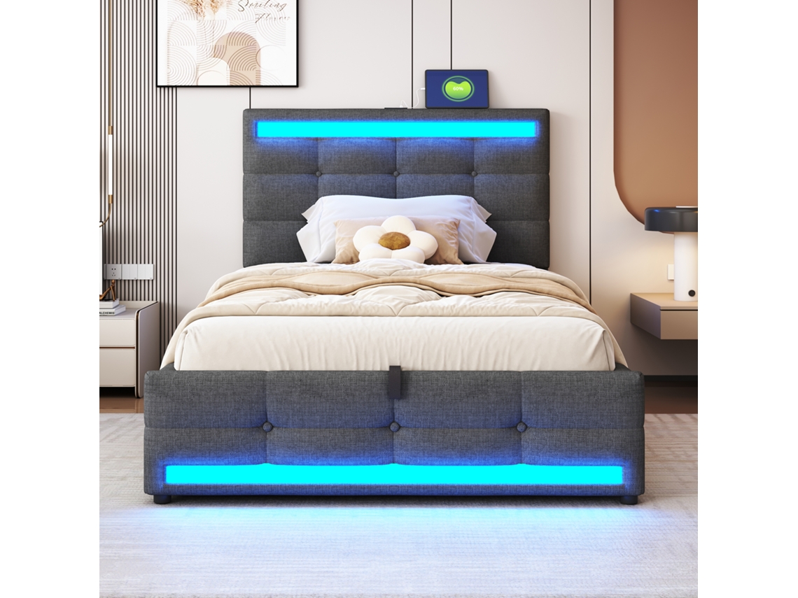 Cama con Arca Acolchado 90x200 cm con Puerto USB con Tira de Luz LED Estilo Lino Gris (sin Colchón)