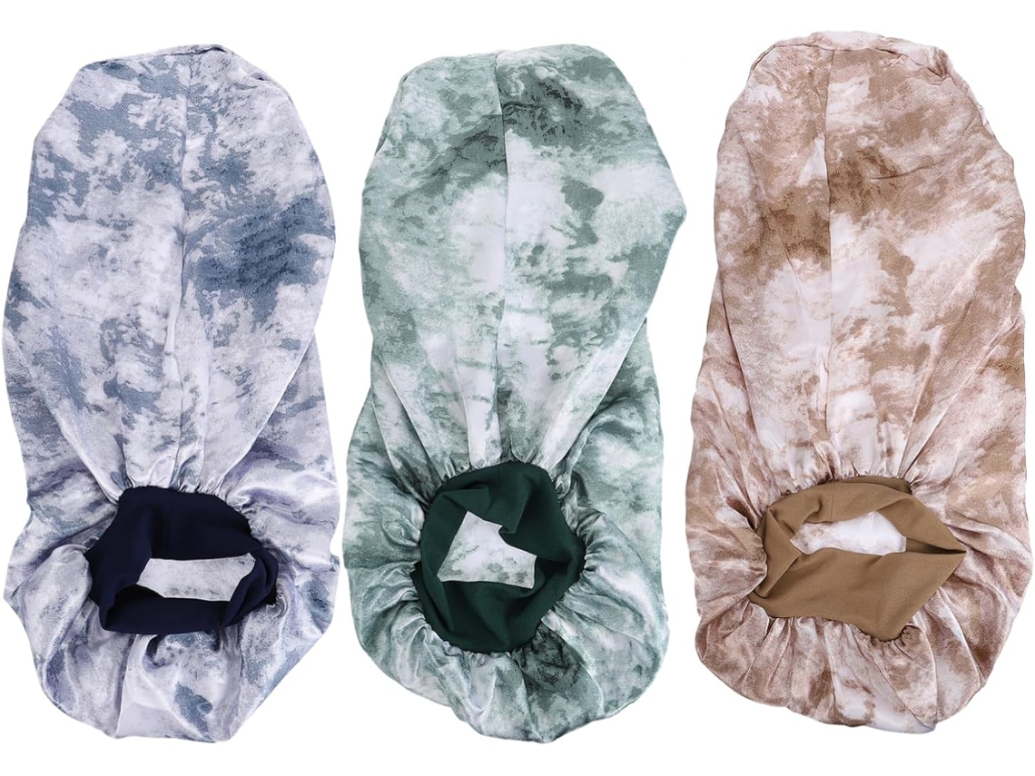 Juego de 3 gorros largos elásticos de satén para el cuidado del cabello con cola.