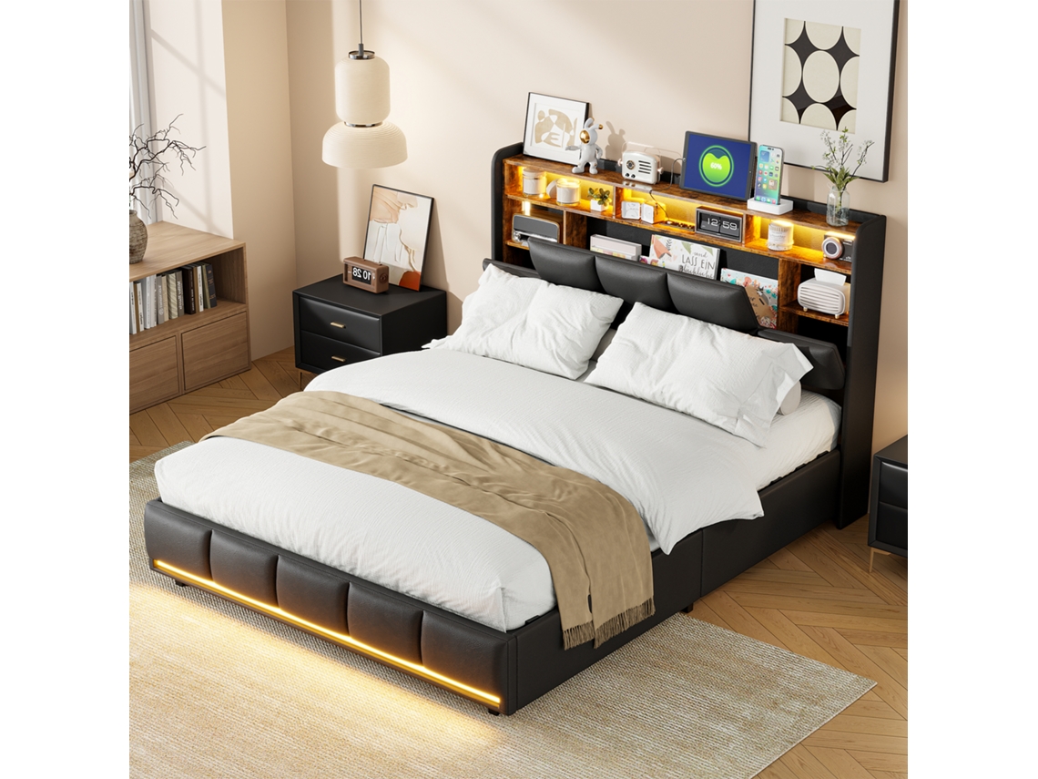 Cama Tapizada 160x200 Cm, Cama De Matrimonio Con Iluminación Led, Función De Carga Usb Y Almacenaje, Pu Negro (sin Colchón).