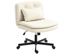 Silla De Oficina Beige Con Asiento De Cuero Sin Brazos, Ruedas Y Cojín Extra Alto.