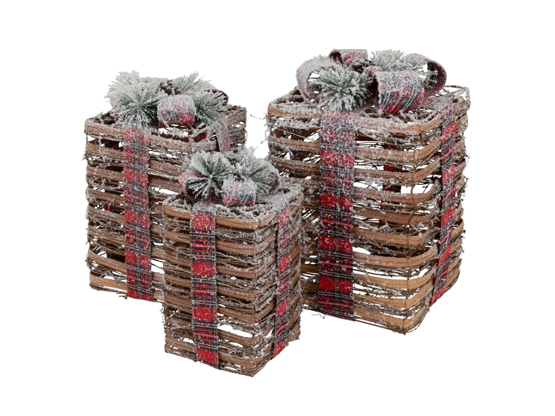 Set decorativo de 3 cajas de regalo con luces LED de ratán marrón para navidad ECD