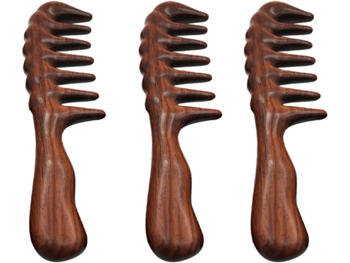 Peine Desenredante 3x - Madera, Dientes Anchos, Rizado, Sin Estática