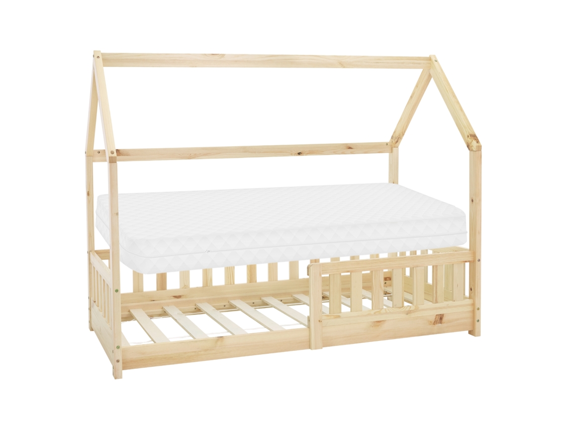 Cama infantil casa ML-Design 80x160cm color natural con colchón de espuma y proteccion